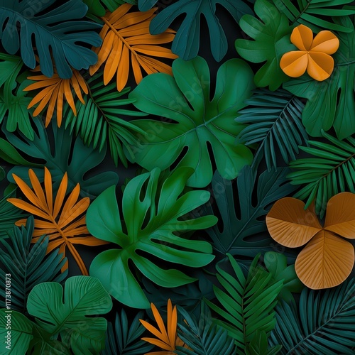 Wallpaper Mural A vibrant arrangement of tropical leaves in various shades of green and orange, creating a lush and lively background. Torontodigital.ca