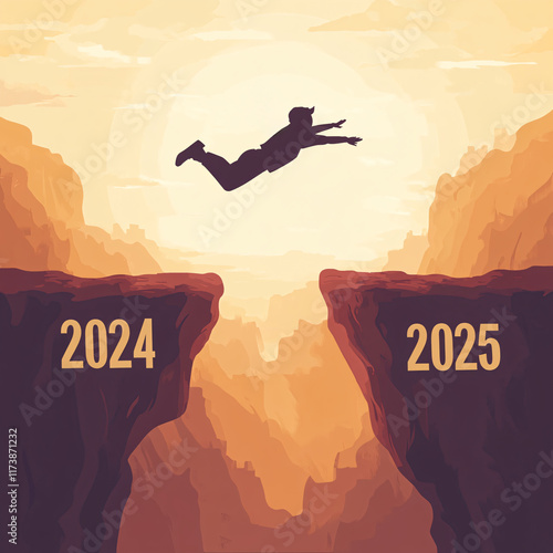 Silhouette of a Person Jumping Across a Canyon from 2024 to 2025 at Sunset, Symbolizing Progress, New Beginnings, and Overcoming Challenges photo