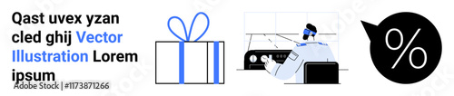 Gift box with bow, customer service representative wearing headset, and percentage discount icon. Ideal for e-commerce, customer support, promotions, gifts, sales marketing and discounts. Landing