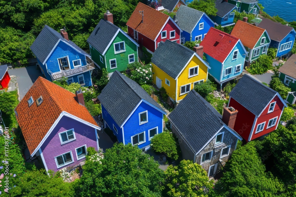 From a high-angle view, Houses on the ocean background. Generative AI From a high-angle view, Houses on the ocean background. Generative AI
