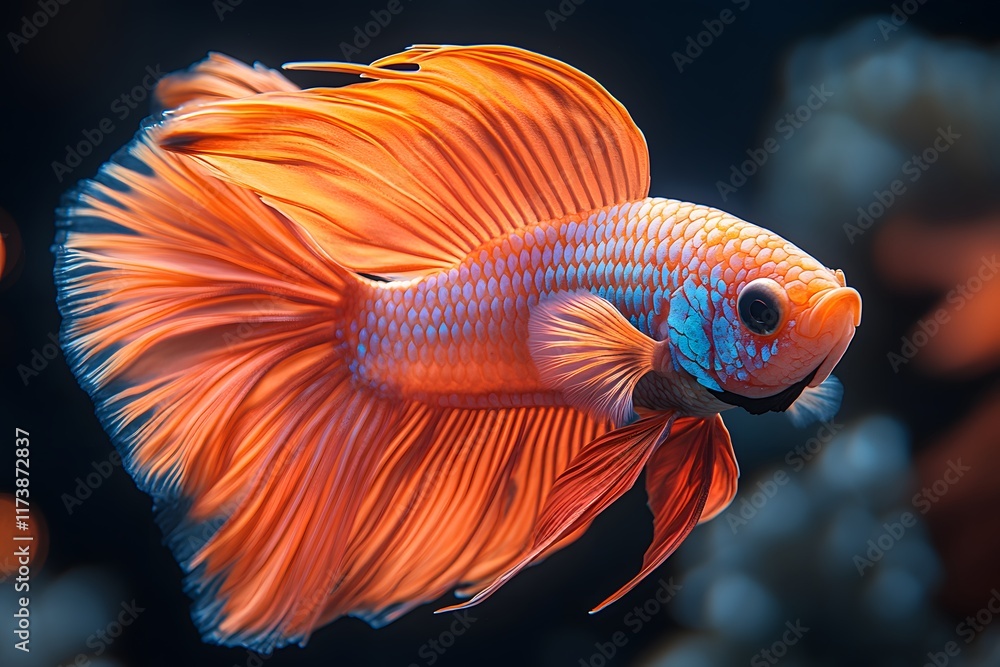 Stunning Betta Fish with Flowing Orange Fins in Vibrant Underwater Setting Stunning Betta Fish with Flowing Orange Fins in Vibrant Underwater Setting