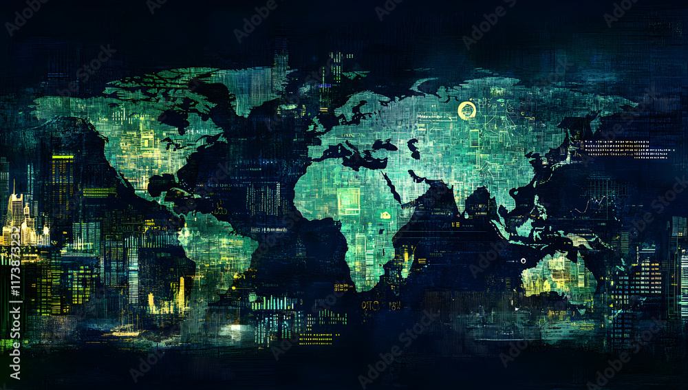 Obraz premium Digital World Map with Data Analytics and Information Flow
