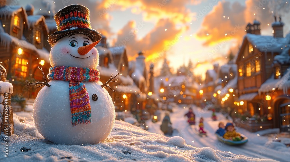 Obraz premium A cheerful snowman in a snowy village at sunset, evoking winter joy.