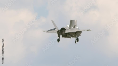 A United States Marines F-35b lightning fighter jet hovers over the runway at the Marine Corp Air Station in Beaufort, South Carolina.