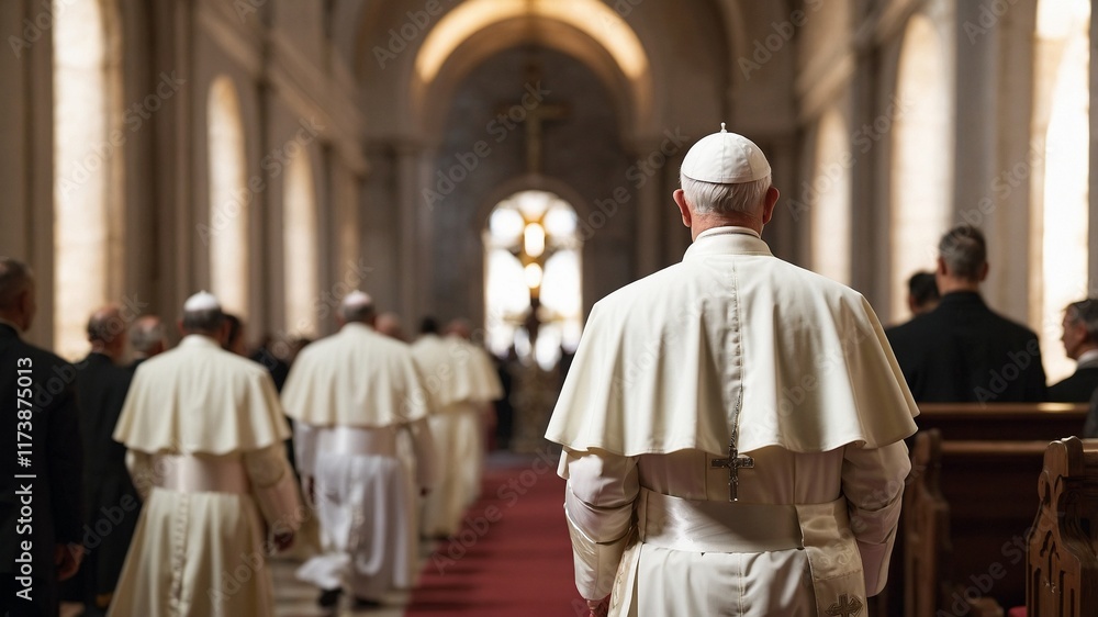 Naklejka premium Extended Description: Back view of The Pope walking gracefully through Church aisle, robe flowing elegantly, head bowed in deep prayer. Symbol of faith, reverence, hope. Soft blessing light shines, cr