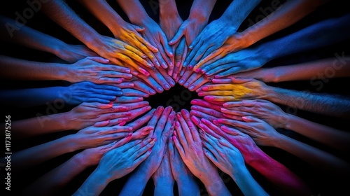 A vibrant circle of hands painted in blue and pink, symbolizing unity and collaboration.