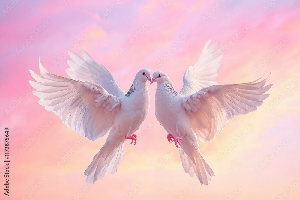 Obraz premium Elegant doves creating a heart shape with their wings against a vibrant pink sky, symbolizing unity