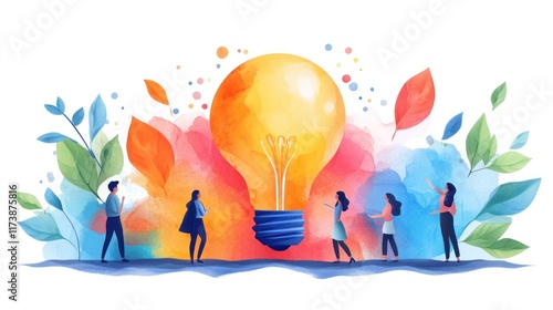 A vibrant illustration of people around a large light bulb, symbolizing creativity and ideas.