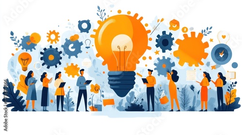 A creative teamwork scene featuring a light bulb and gears, symbolizing innovation and collaboration.