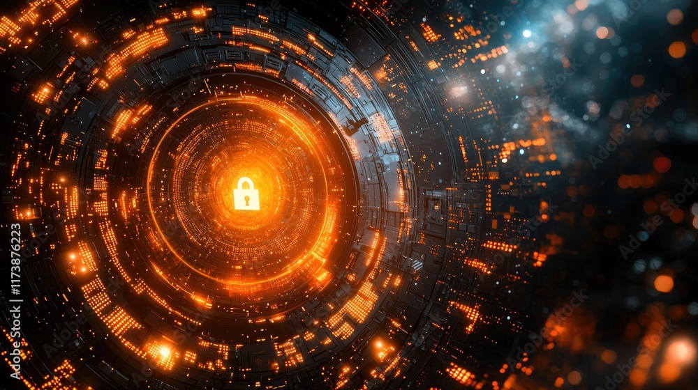 Fototapeta premium Glowing digital lock icon in futuristic circular tech interface.