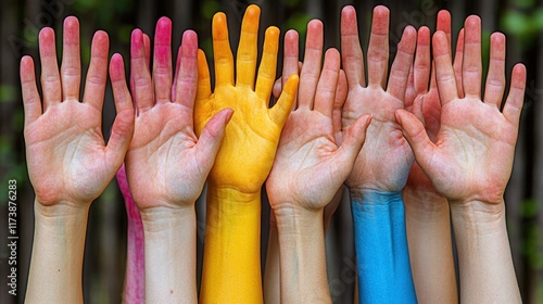 Colorful hands raised, showcasing vibrant paints in a creative expression.