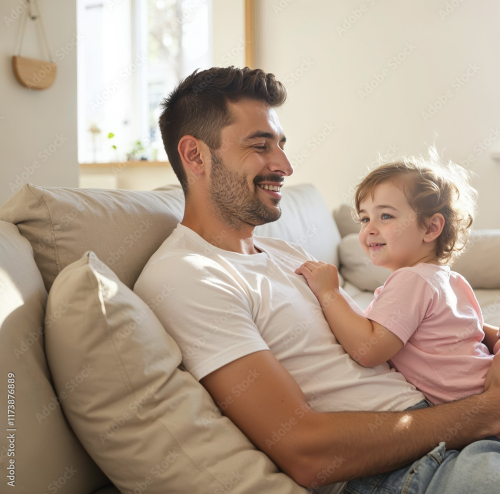 Portrait of father and daughter hugging on sofa at home in the sun Portrait of father and daughter hugging on sofa at home in the sun