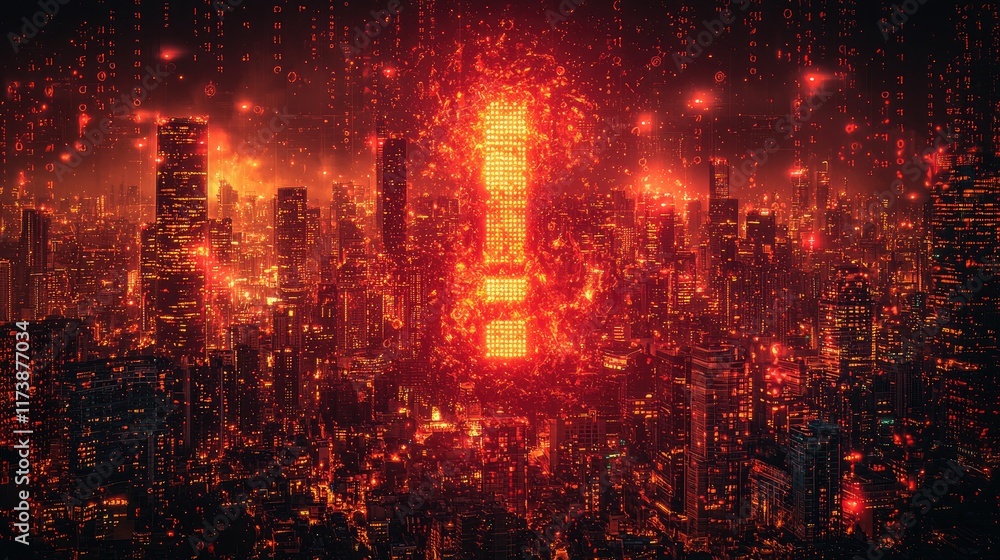 Glowing exclamation mark over fiery city skyline at night. Glowing exclamation mark over fiery city skyline at night.