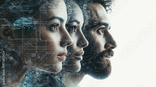 Profiles of three individuals with digital overlay of technology elements. Generative AI