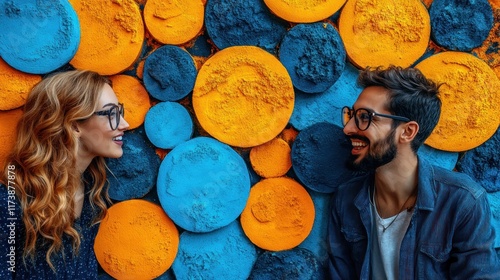 Two people smiling at each other in front of a colorful circular wall design.