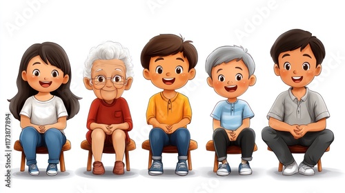 A cheerful group of five characters, including children and an elderly person, sitting together.