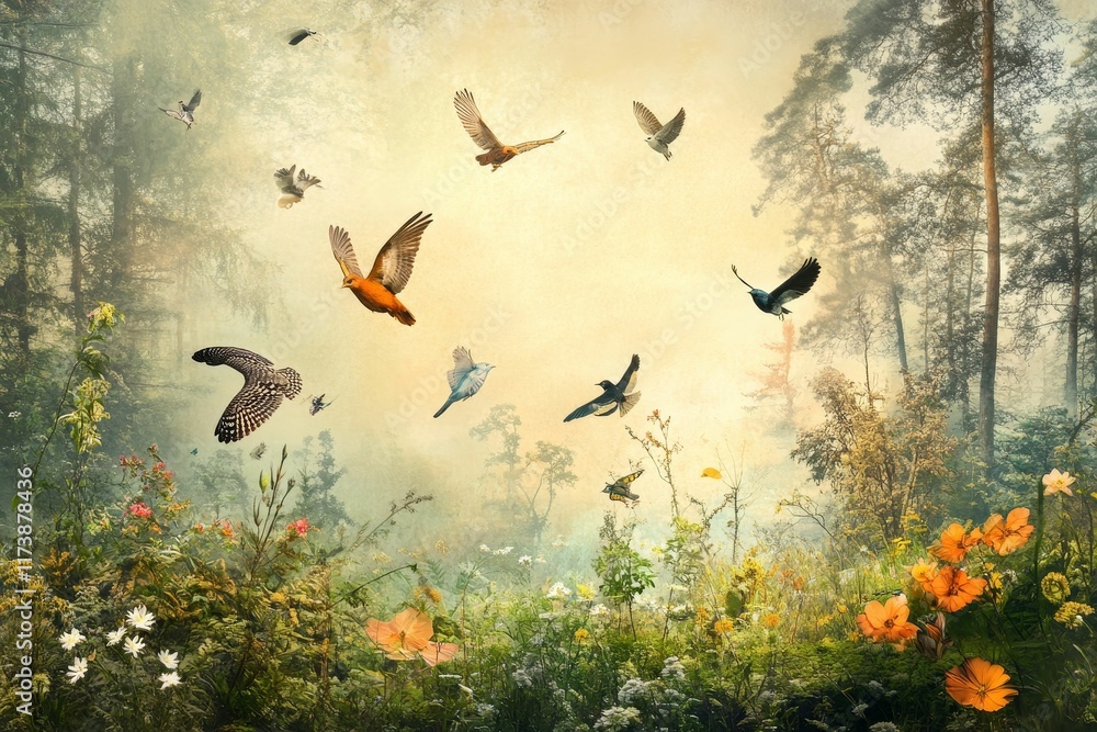 Birds fly above a misty, flowering meadow. Birds fly above a misty, flowering meadow.