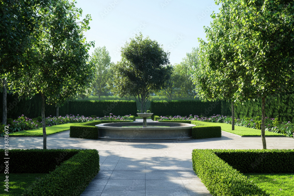 Fototapeta premium Elegant formal garden with manicured hedges and a central fountain surrounded by trees, emphasizing symmetry
