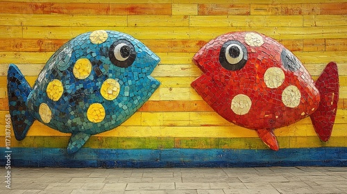 Colorful mosaic fish murals on a vibrant wooden wall, showcasing artistic expression.