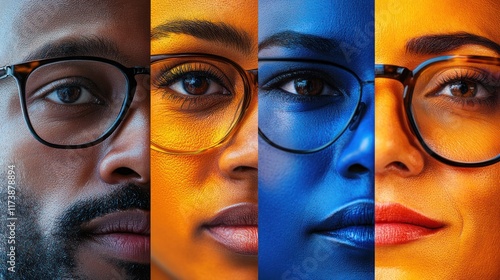 A vibrant portrait collage showcasing diverse faces with artistic color treatments.