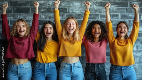 A group of five young women celebrating joyfully with raised fists against a brick wall.