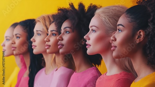A diverse group of women in profile against a vibrant yellow background, showcasing beauty.