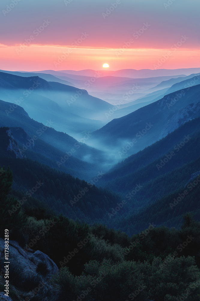 Obraz premium Photo réaliste d’un lever de soleil spectaculaire depuis un sommet, avec des teintes douces de rose et d’orange éclairant la vallée