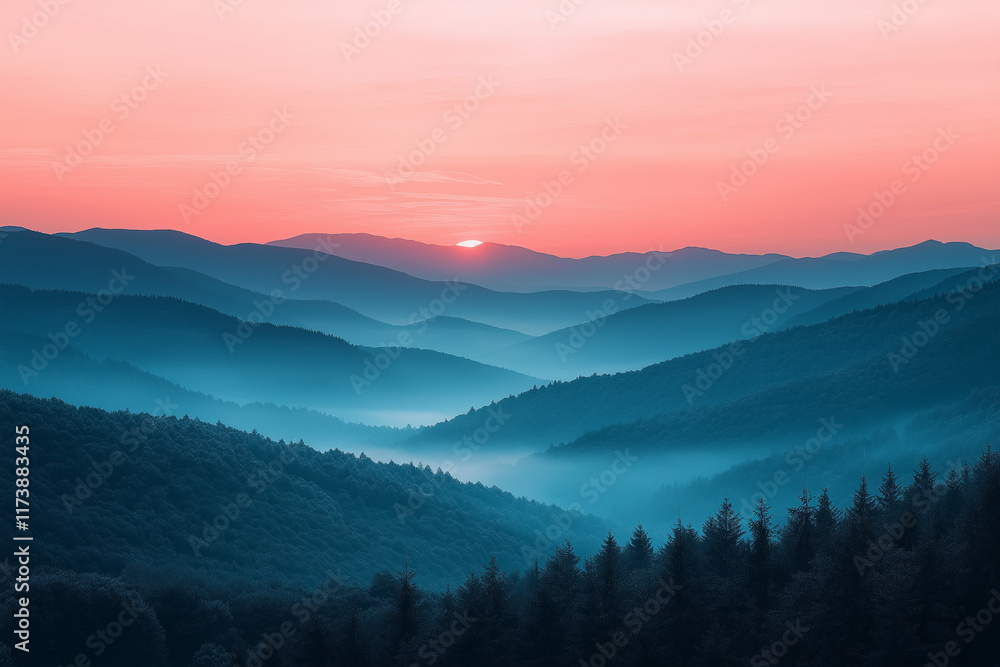 Obraz premium Photo réaliste d’un lever de soleil spectaculaire depuis un sommet, avec des teintes douces de rose et d’orange éclairant la vallée