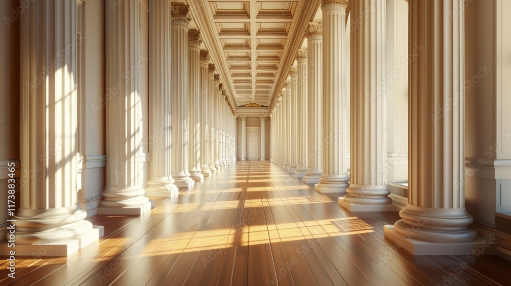 Fototapeta premium Sunlit classical colonnade interior with wooden floor.