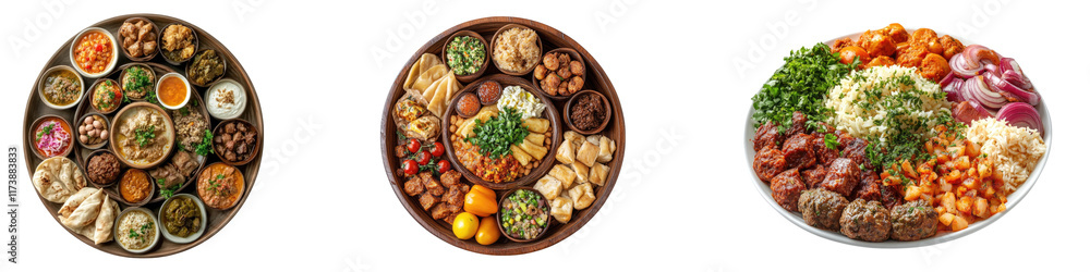 Traditional Levantine cuisine isolated on transparent background, Set of Traditional Levantine cuisine isolated on transparent background, Set of