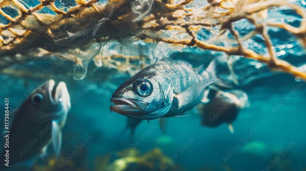 Fototapeta premium Ocean fish entangled in debris underwater.