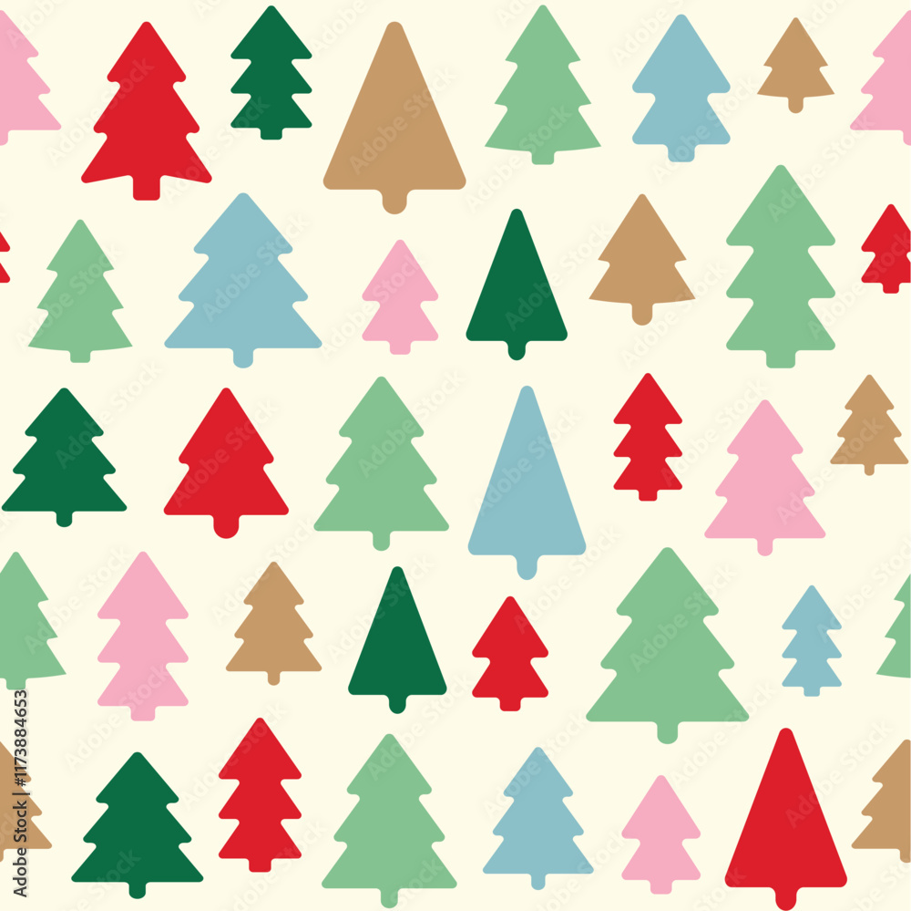Obraz premium Christmas minimal geometric seamless pattern of fir trees for background, fabric, textile, wrapping, surface, web and print design. Laconic Christmas geometric vector rapport. New Year trees.