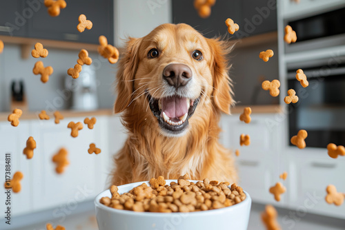 Joyful dog happily eating food with treats flying around in kitchen. golden retriever excitement is evident as it enjoys its meal photo