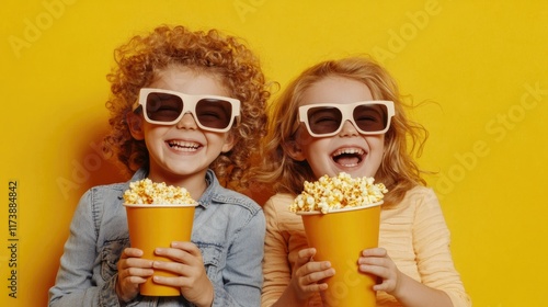 National Popcorn Day banner. Cute, happy child in 3d glasses watch movie film hold bucket of popcorn in cinema isolated on yellow background with copy space.