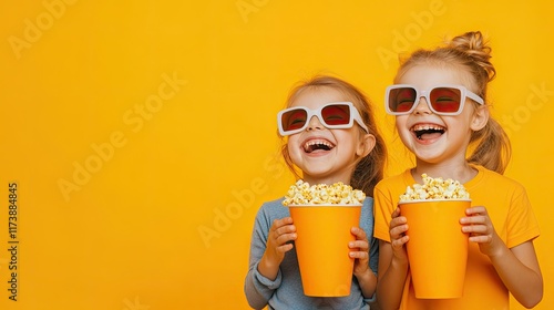 National Popcorn Day banner. Cute, happy child in 3d glasses watch movie film hold bucket of popcorn in cinema isolated on yellow background with copy space.