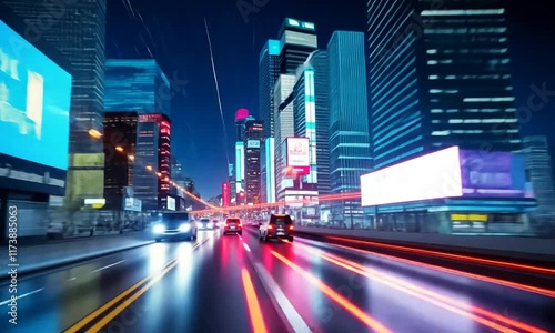 Night City Drive: Neon Lights and Cityscape