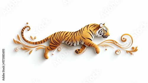 Dynamic tiger leaping amidst flourishing swirls artful illustration vibrant colors digital design close-up wildlife theme photo