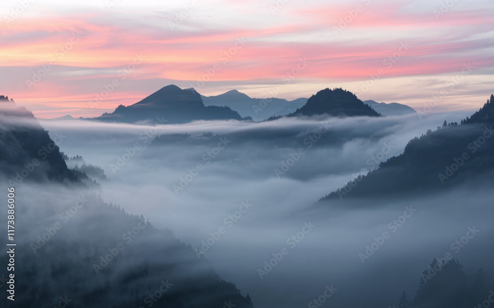 Fototapeta premium Misty mountain range at sunset.