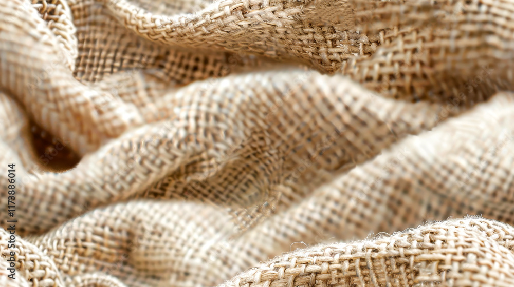 Close-up of burlap fabric reveals its organic texture and natural tones. The light highlights the weaving pattern, creating depth and interest in design Close-up of burlap fabric reveals its organic texture and natural tones. The light highlights the weaving pattern, creating depth and interest in design