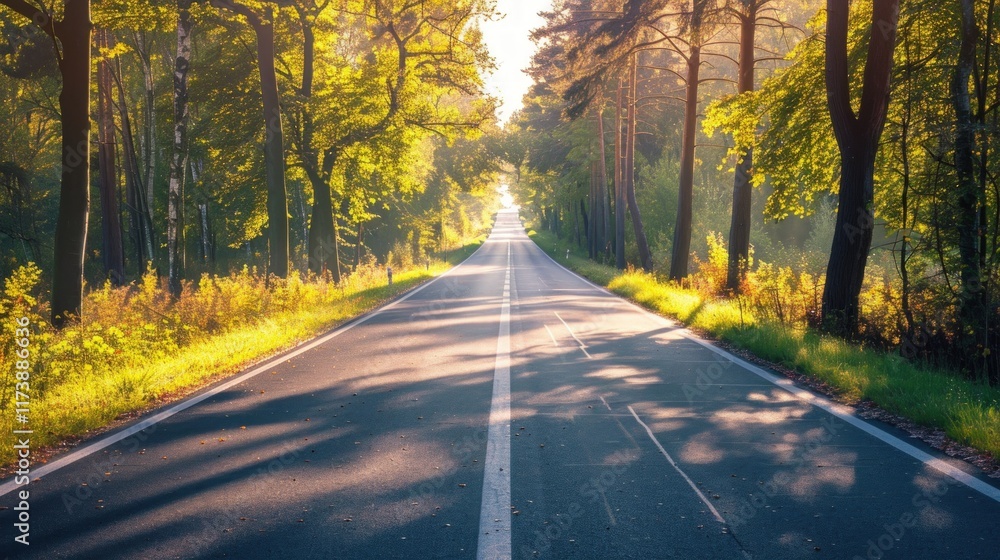 Fototapeta premium Sunlit road through a lush green forest.