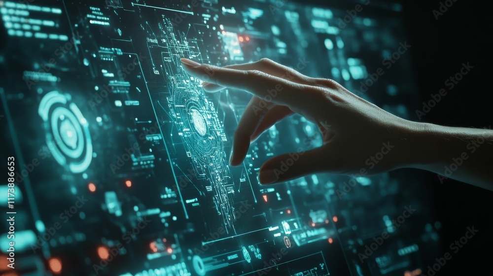 Hand interacts with glowing teal digital interface.