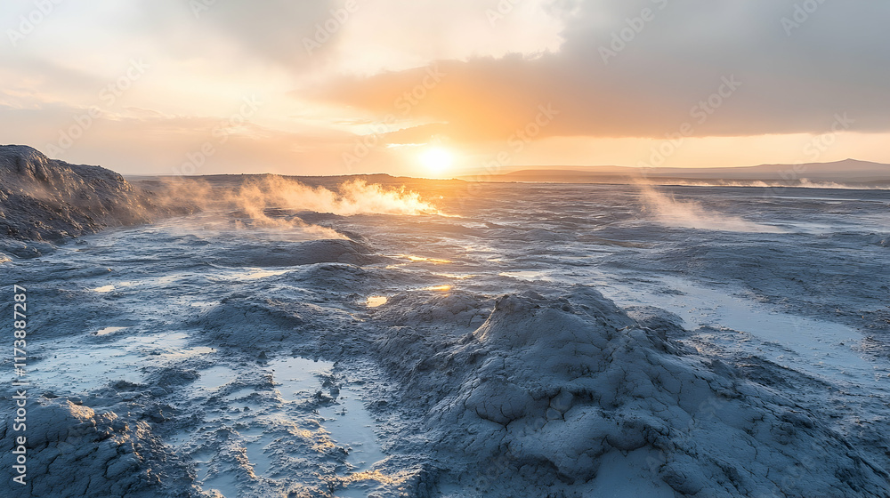 Sunrise over the mud volcanoes, with bubbling gray mud and a golden glow in the sky Sunrise over the mud volcanoes, with bubbling gray mud and a golden glow in the sky