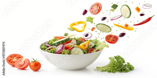 A white bowl is filled with a vibrant assortment of vegetables, including cucumbers, tomatoes, and lettuce. Various slices and pieces of vegetables appear to be floating or jumping out of the bowl.AI