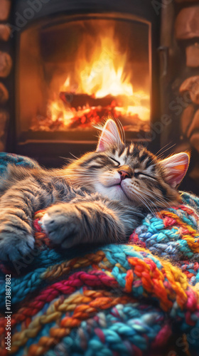 Tabby Cat Relaxing on Colorful Knitted Blankets by a Warm Glowing Fireplace, Emphasizing Cozy Domestic Comfort and Hygge Atmosphere photo