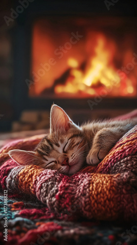 Tabby Cat Relaxing on Colorful Knitted Blankets by a Warm Glowing Fireplace, Emphasizing Cozy Domestic Comfort and Hygge Atmosphere photo