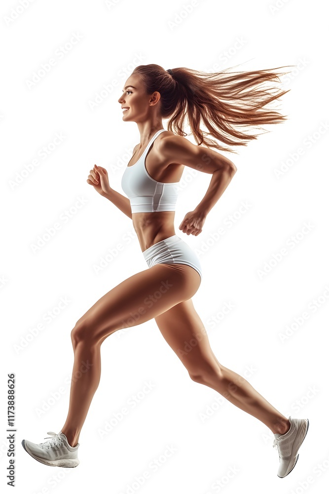 Athletic female running side view full length on white background Athletic female running side view full length on white background