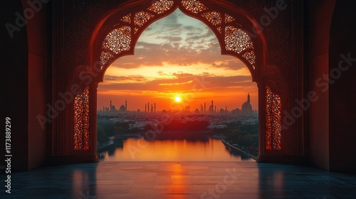 Sunrise view through ornate archway over calm water and city skyline.