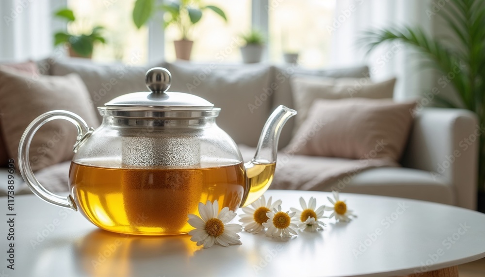 glass teapot with chamomile tea and flowers on white table in cozy living room glass teapot with chamomile tea and flowers on white table in cozy living room