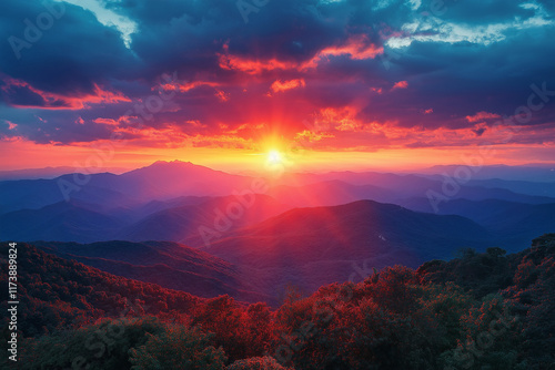 Photo réaliste d’un lever de soleil spectaculaire sur des montagnes, avec des rayons de lumière perçant les nuages et illuminant le sommet photo