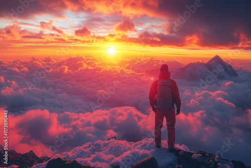 Photo réaliste d’un lever de soleil spectaculaire sur des montagnes, avec des rayons de lumière perçant les nuages et illuminant le sommet photo